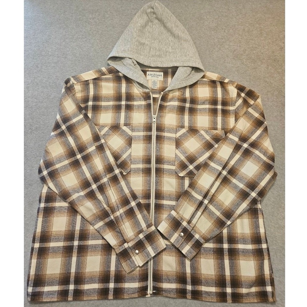 Arizona Jean Co. Shacket/Jacket Mens 2L Brown Plaid Flannel Hooded Full-Zip-NWT